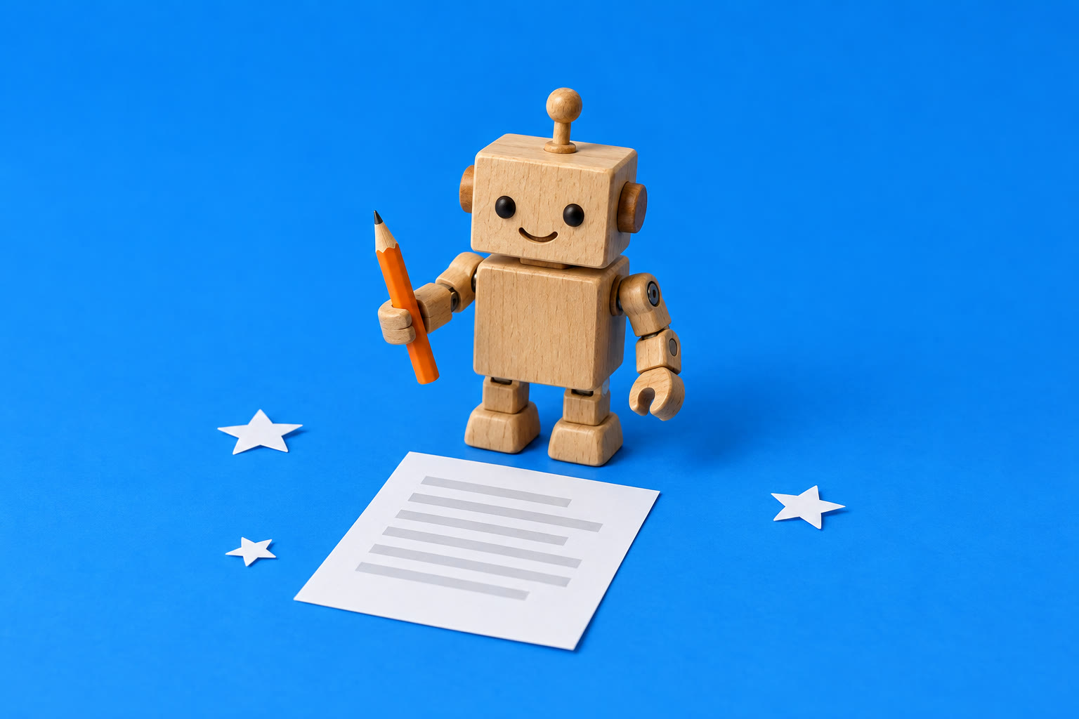 A small wooden robot holds a pencil above a resume page