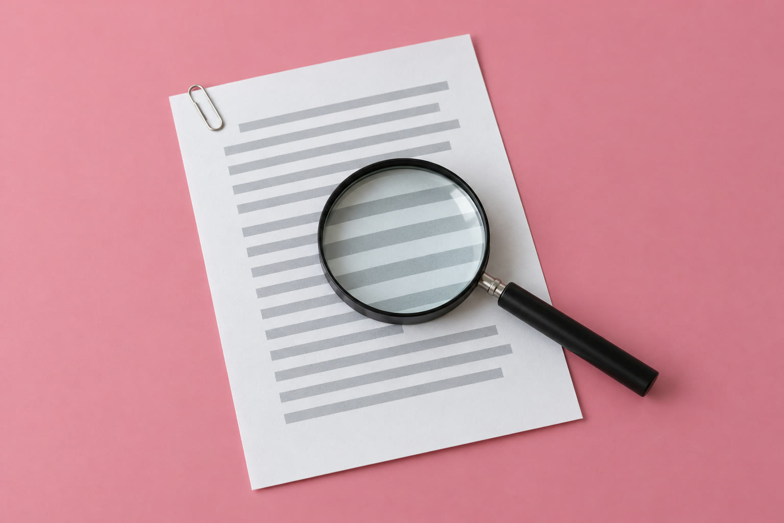 A magnifying glass on a one-column resume page