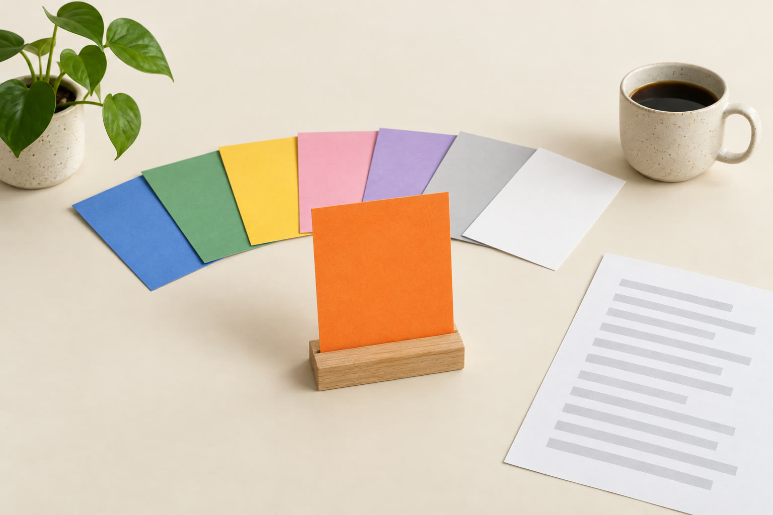 Seven coloured cards in a row and one orange card that stands in front