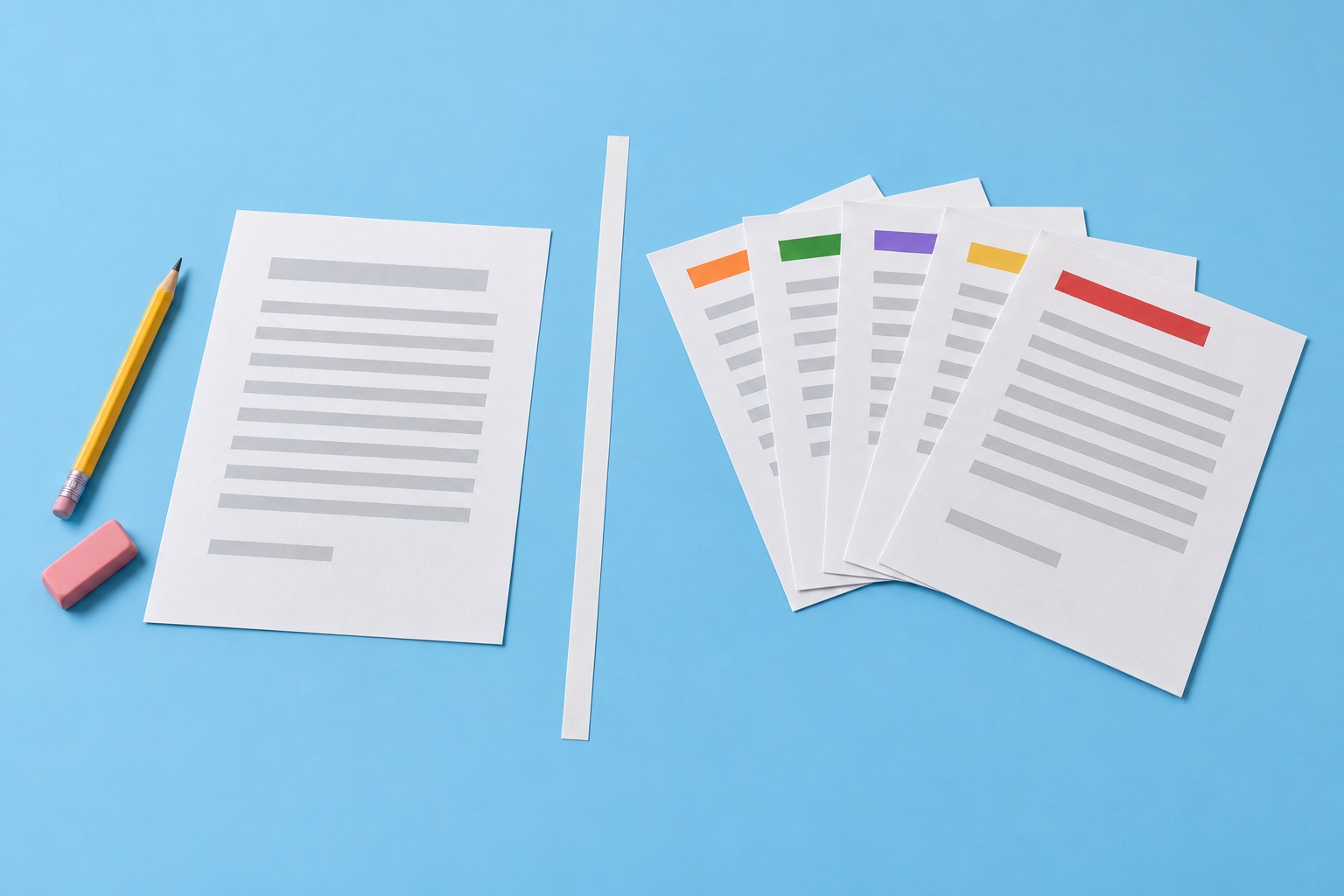 One paper resume with a pencil on the left, and five paper resumes with coloured bars on the right