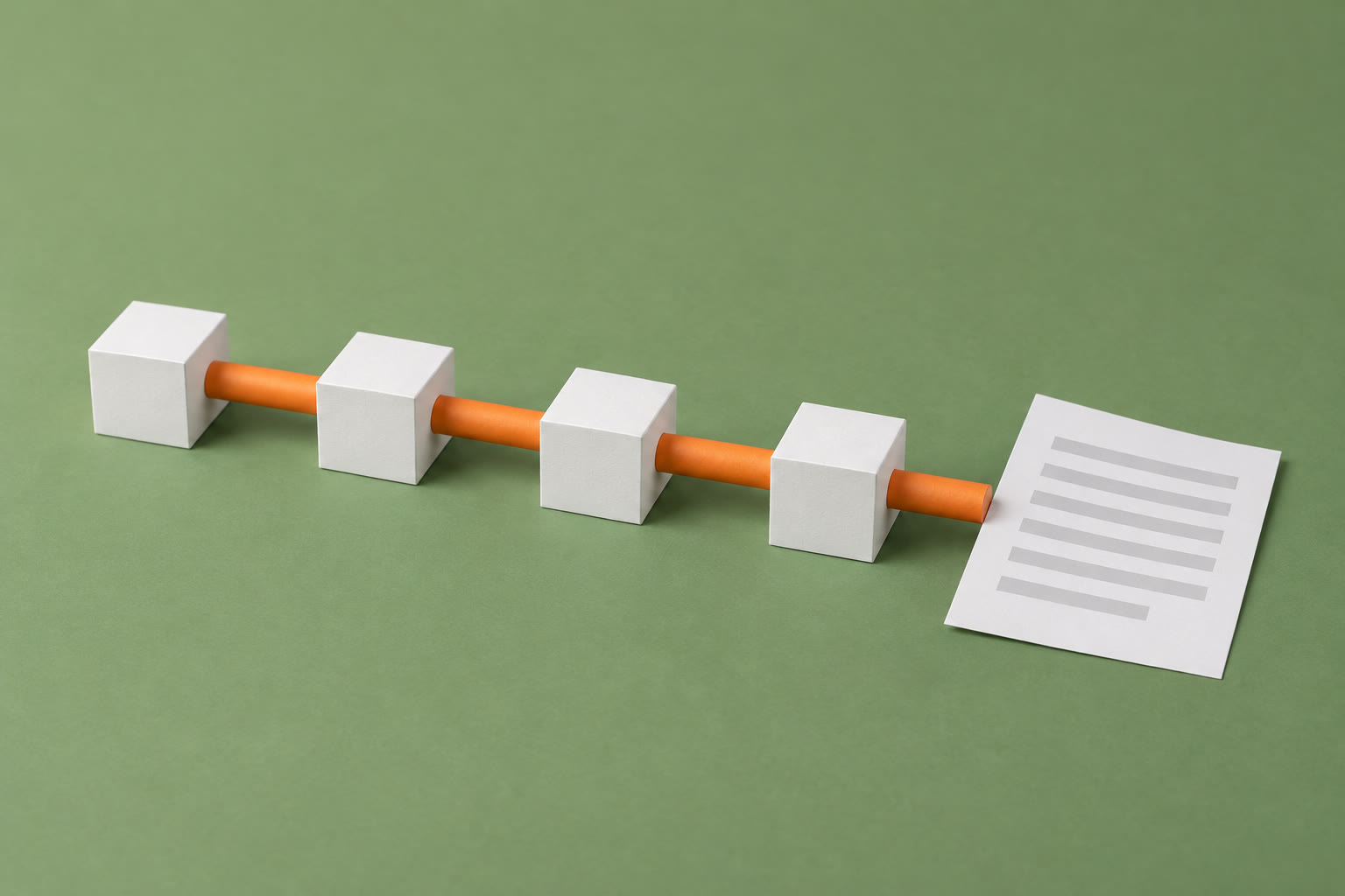 White boxes joined by an orange pipe that ends at a resume page