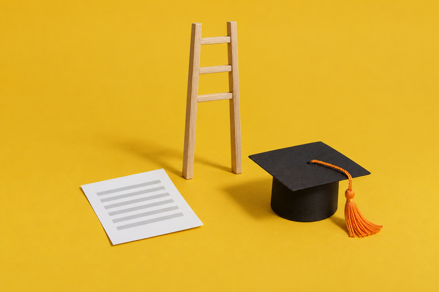 A small ladder with its lowest rungs missing, next to a graduation cap and a resume page
