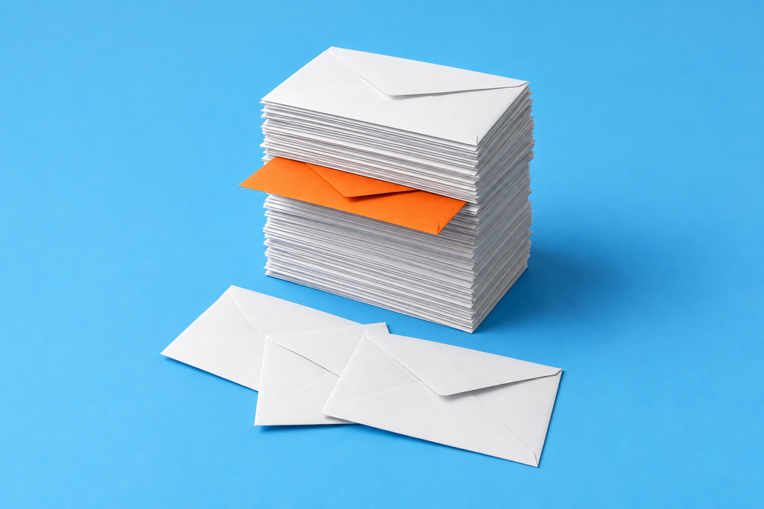A tall stack of white envelopes with one orange envelope in the middle