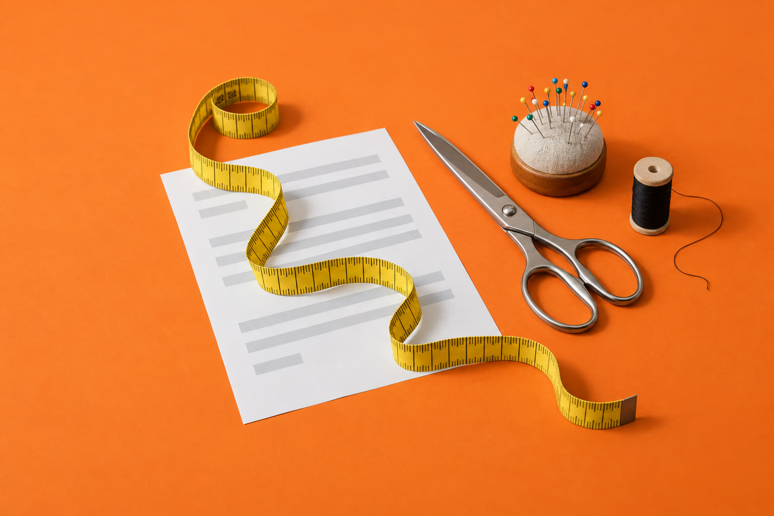 A resume page with a measuring tape, scissors and pins