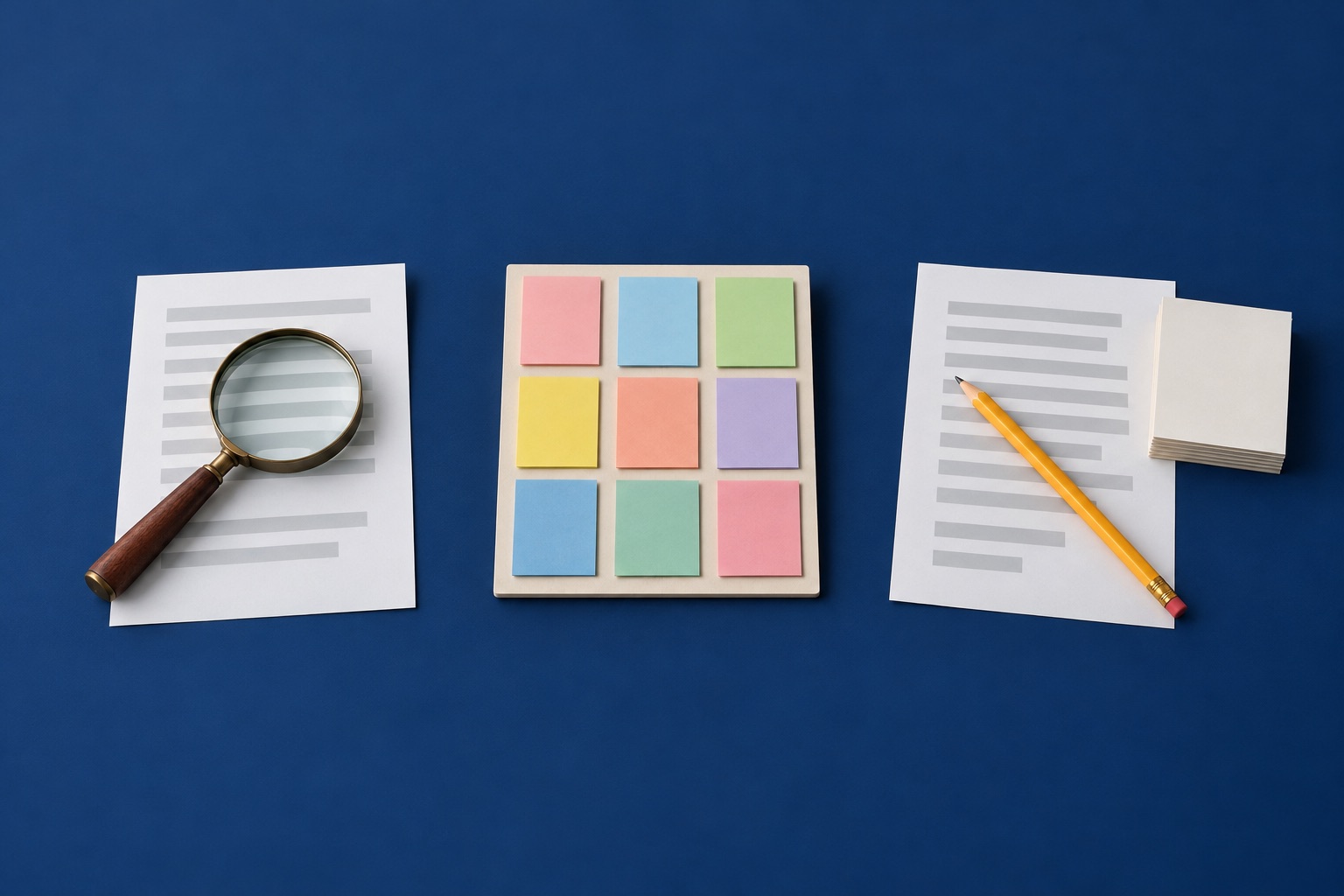 A magnifying glass on a paper resume, a board with coloured cards, and a pencil on a second paper resume, in a row