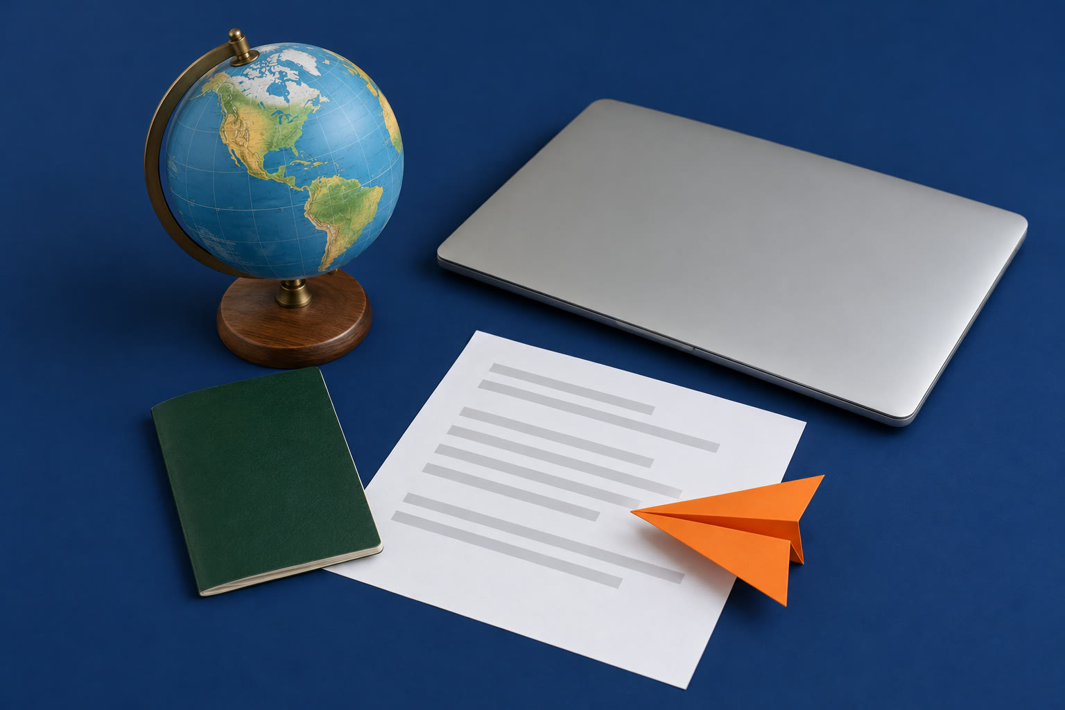 A globe, a passport, a laptop and a resume page with a paper airplane