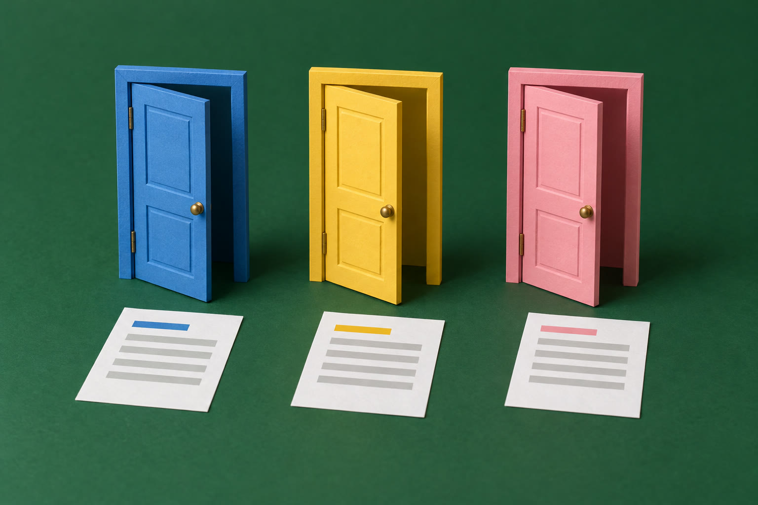 Three paper doors in different colours, each with its own resume page