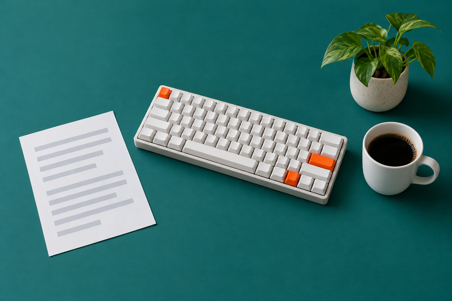A keyboard with three orange keys next to a resume page and a cup of coffee