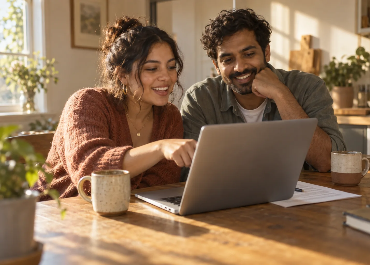 Two friends reviewing a tailored resume at a kitchen table