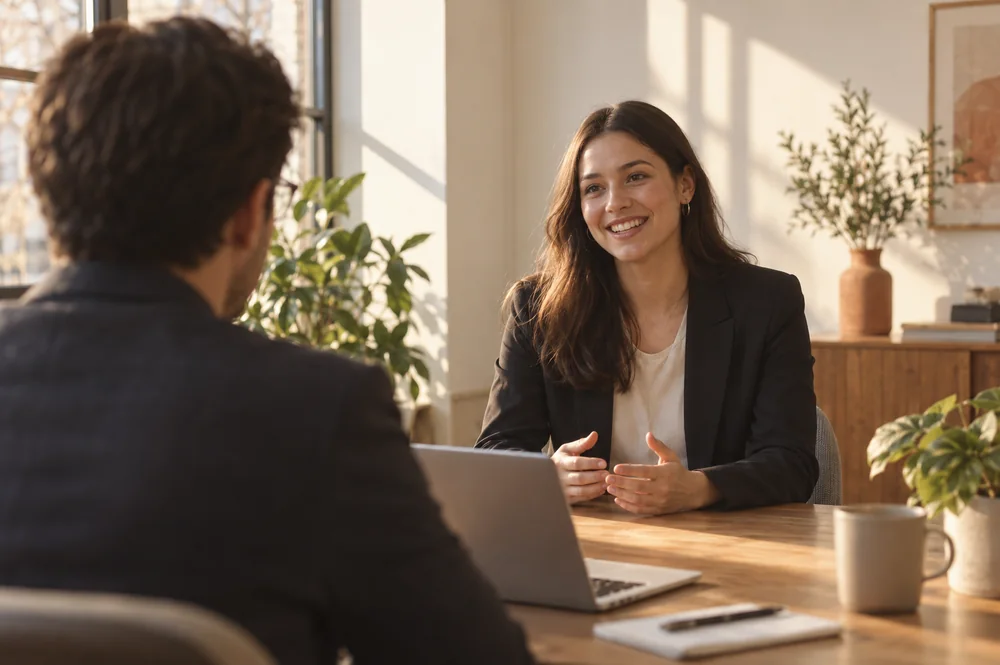 A candidate smiling in a job interview