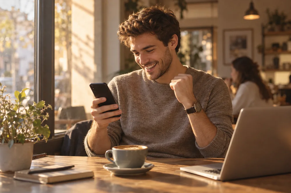 A job seeker reading good news on his phone