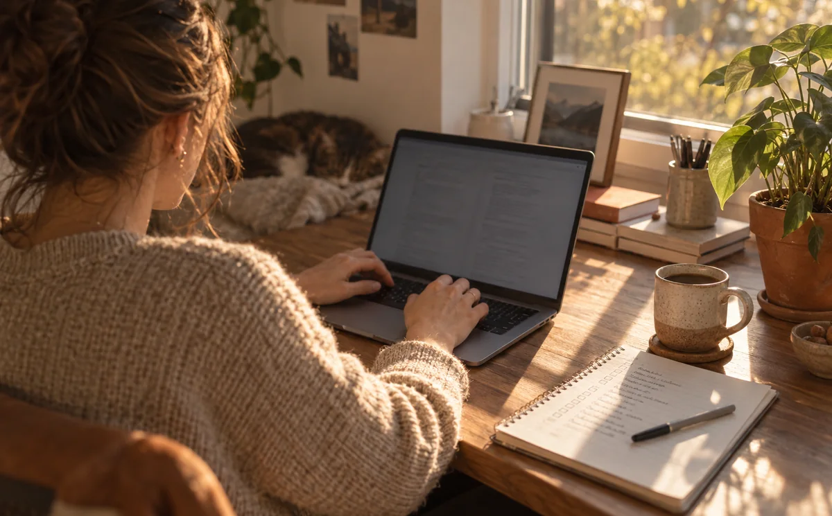 A job seeker writing at a laptop